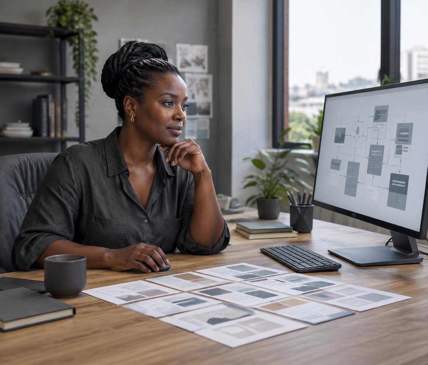 A learning designer reviewing a digital course structure on a large screen at an office desk