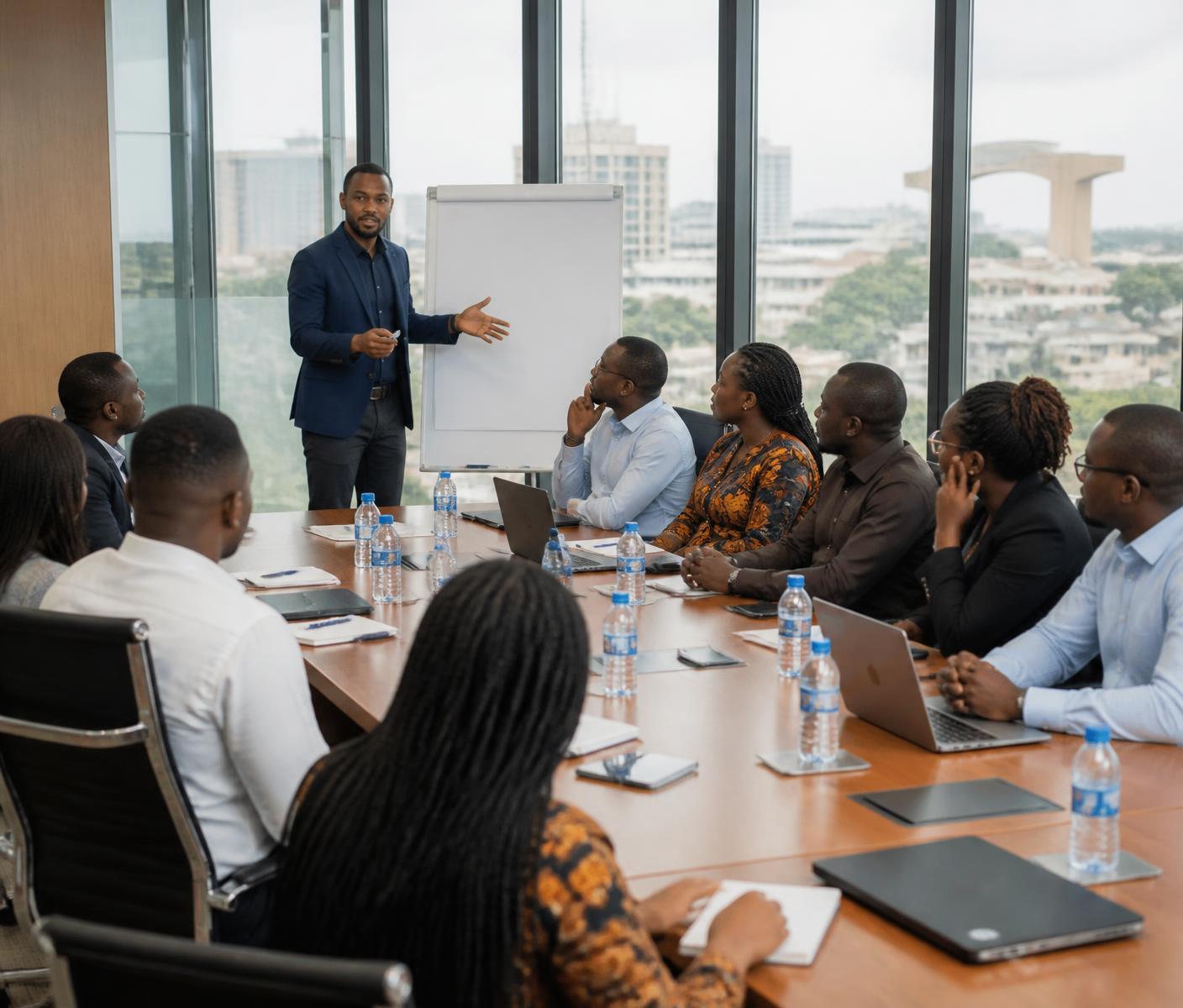 A facilitator presenting to a full boardroom of participants during a ForgeWorks Academy public programme