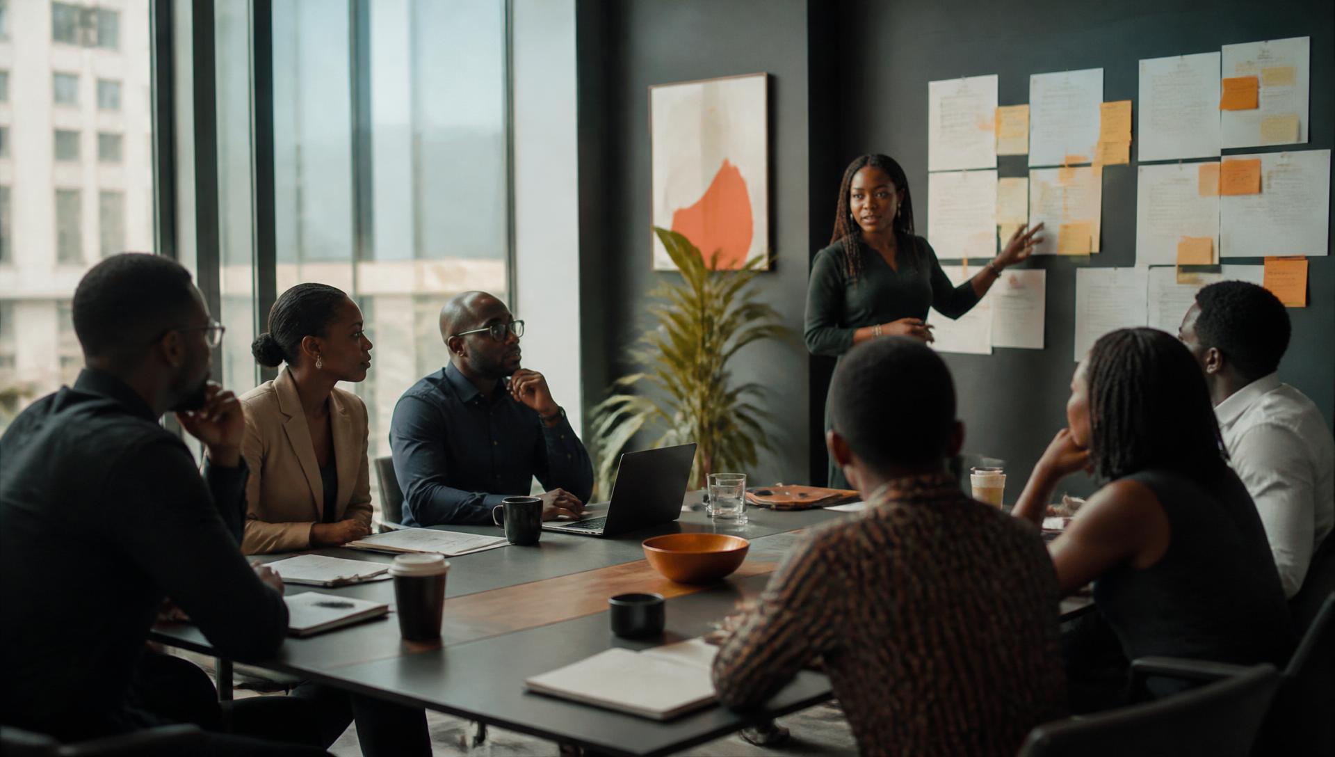 A facilitator leading a corporate capability programme with managers around a boardroom table