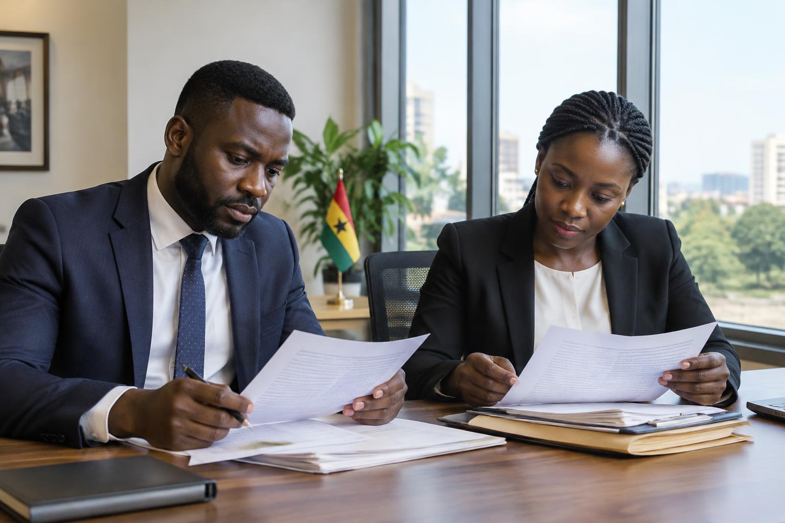 Two Black African procurement reviewers examining supplier invoices and delivery documents in a Ghanaian office