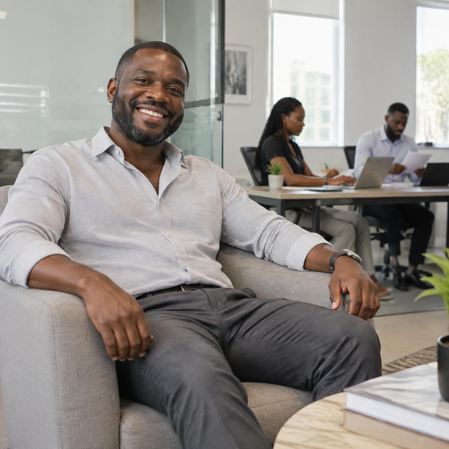 A smiling Ghanaian founder relaxing in an armchair while two employees work calmly behind him