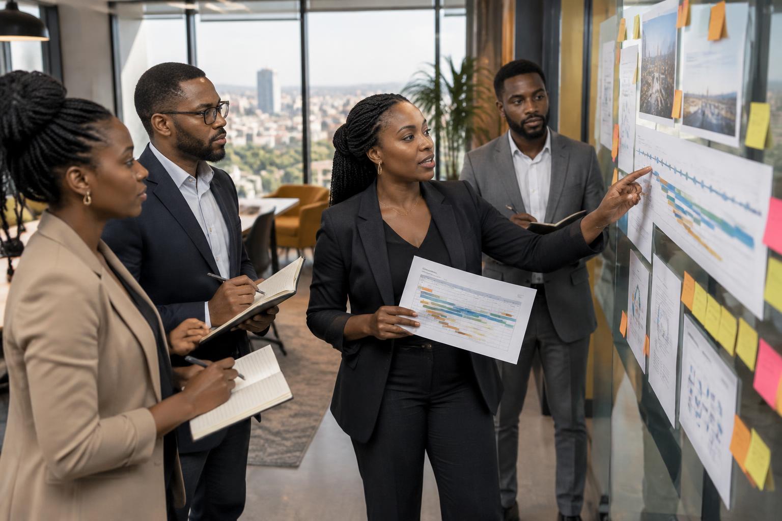 Black Ghanaian colleagues coordinating a transformation programme around a planning wall