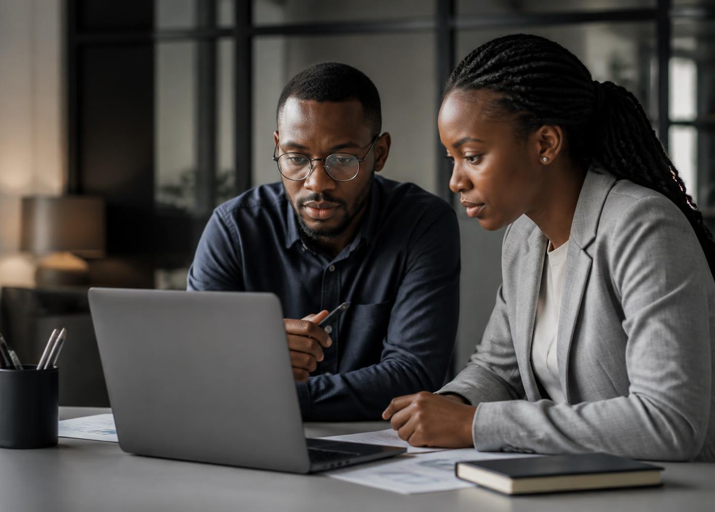 Two professionals reviewing operational performance data together