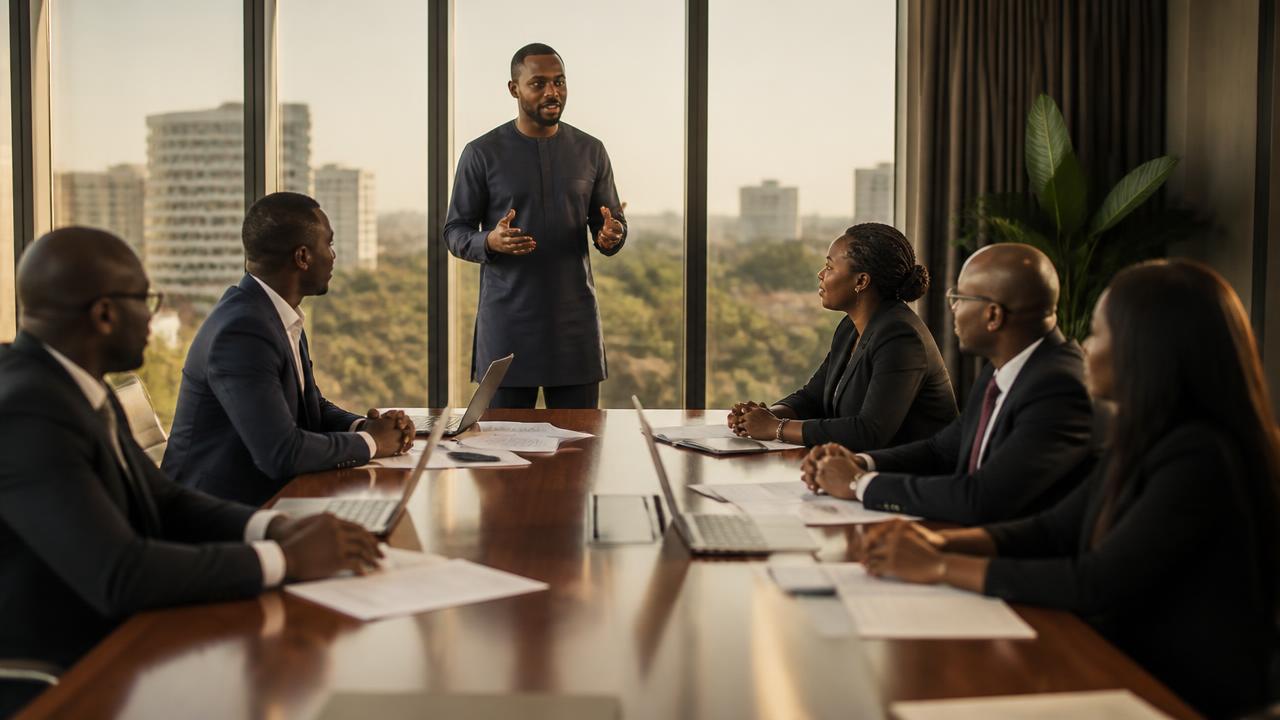 A facilitator presenting to a group of SME business owners around a boardroom table