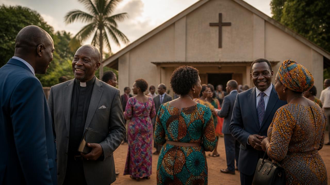 Church members and pastors talking together outside a church building