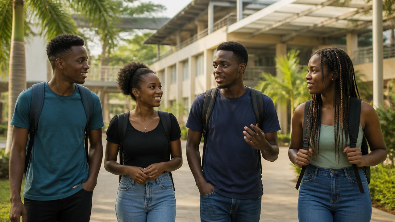 University students walking and talking together on a campus walkway