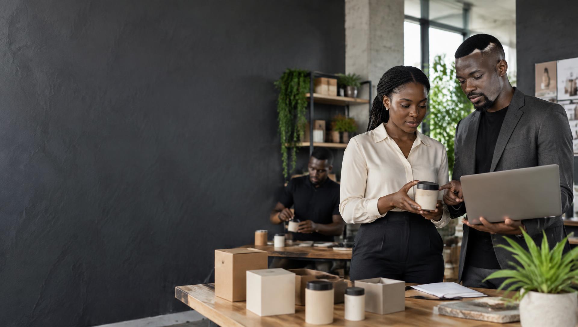 Black African founders reviewing product prototypes and launch plans in an Accra venture studio